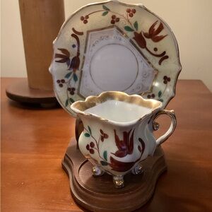 Vintage Antique Gold Green Burgundy Floral Cup & Saucer Decor